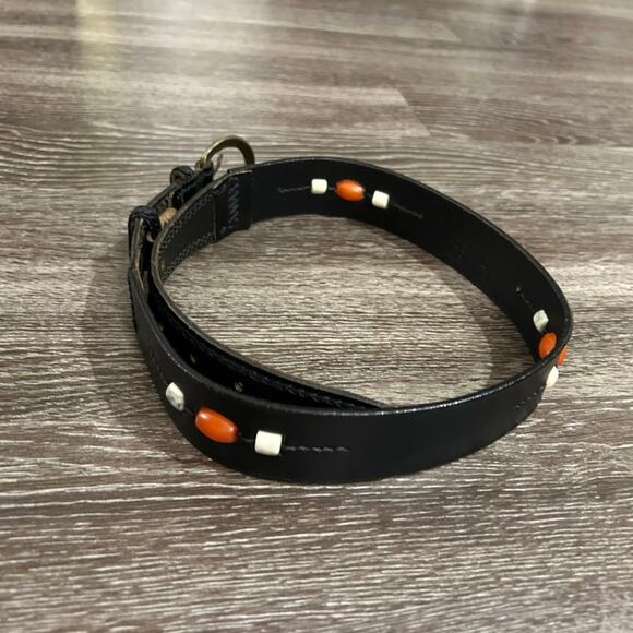 Vintage L.L.Bean Black Leather Beaded Belt Sz L Brass Buckle Western Boho Unisex - Picture 1 of 12